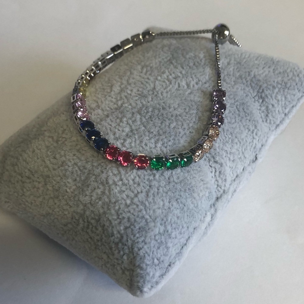 NEW Pretty Bird Adj  18k White Gold Plated Multicolor Lariat Tennis Bracelet